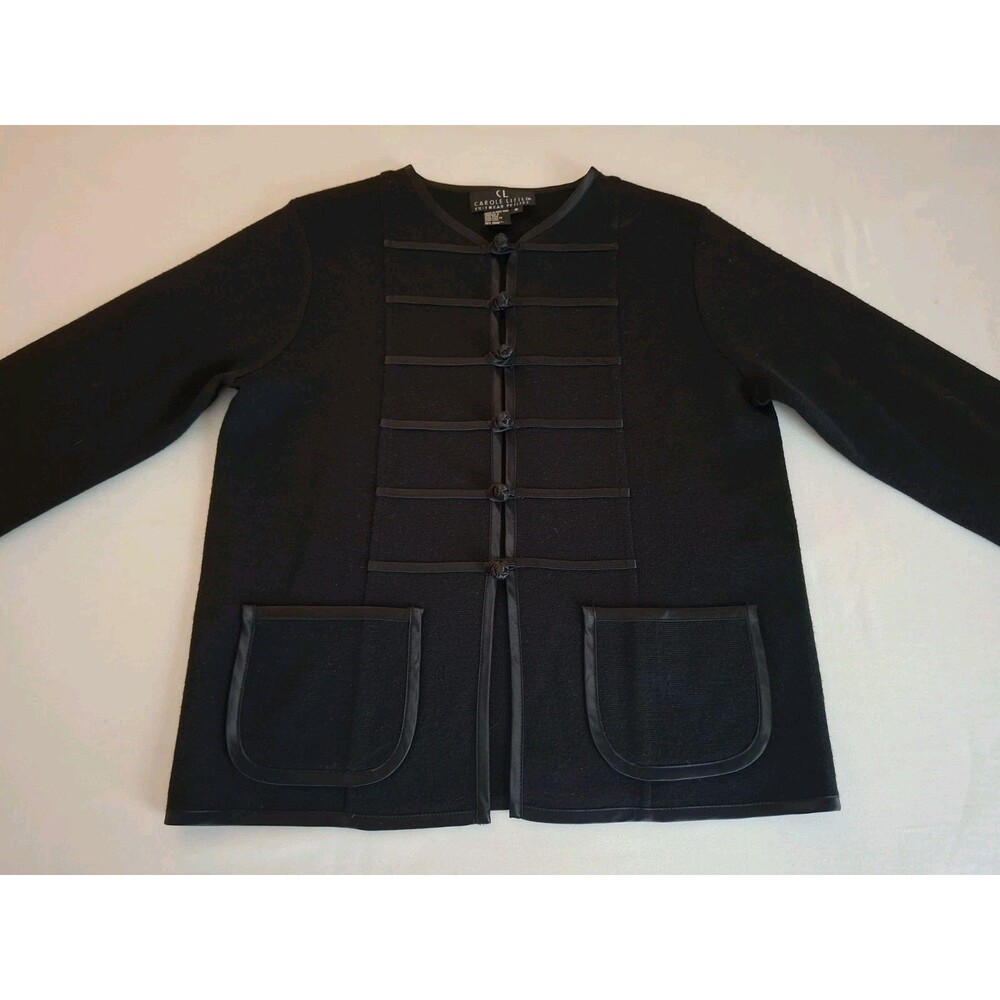 Vtg Carole Little Black Knit Cardigan Jacket Wool Blend Frog Closure Petite S
